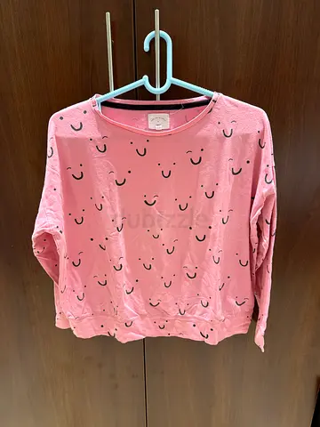 Pink long-sleeve women's top with smile print, casual size 36/38