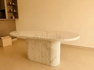 Solid White Marble Oval Dining Table with Fluted Pedestal Base