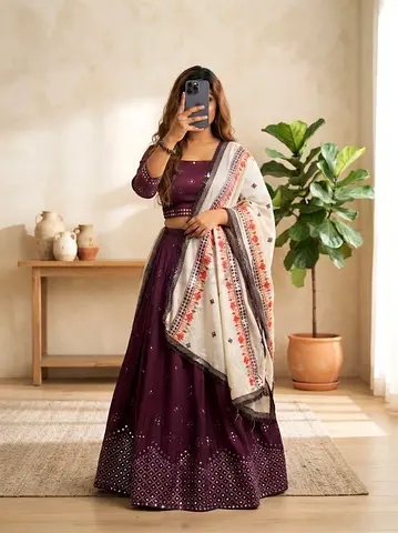 Purple embroidered lehenga choli with printed dupatta - size approx S/M