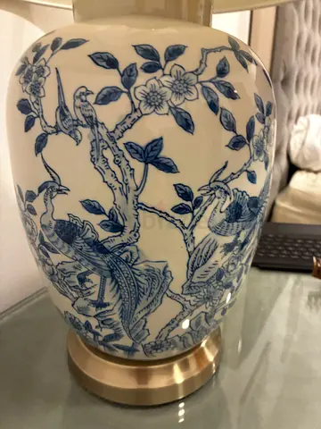 TWO X Blue and white porcelain table lamps with bird motif (working) from THE ONE