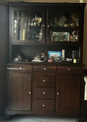 Solid Dark Wood Display Cabinet with Glass Doors and Storage