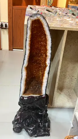 Large Citrine Geode on Wooden Stand — Floor Display Specimen =Citrine Stone made Brazil