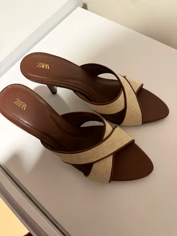 Zara beige canvas & brown leather heeled mules, size unknown, gently used