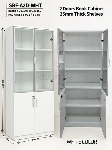 White 2-Door Book Cabinet with Glass Upper Doors & 25mm Shelves, 200cm