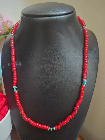 Handmade Red Beaded Necklace with Turquoise Accents