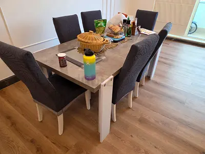 Modern 6-Seater Dining Set with Grey Table and Patterned Chairs(180 CMS)