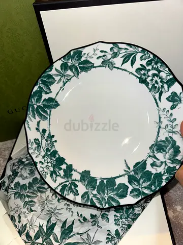 Set of decorative floral dinner plates (green on white) - used