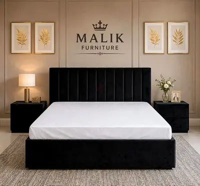 Brand New Black Velvet queen Bed Frame with Padded Vertical Channel Headboard