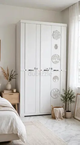 White Freestanding Wardrobe with Decorative Carvings - Good Condition