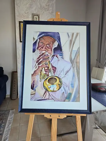 Framed Watercolor Portrait of Jazz Trumpeter — Signed Artwork