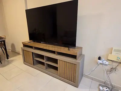 Pan home Modern TV Entertainment Unit with Sliding Slat Doors - Light Wood Finish