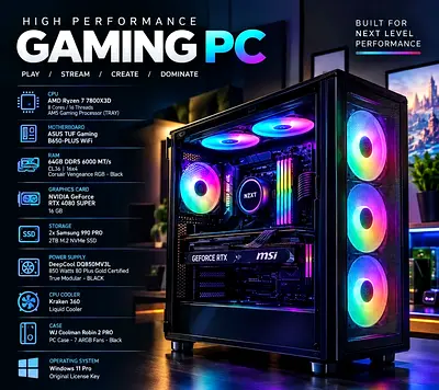 High-performance RGB Gaming Desktop PC with Ryzen 7 & RTX 4080 Super