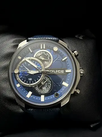 Police men's chronograph watch with blue dial and leather strap