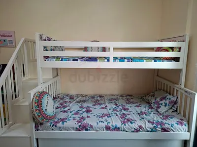 White Wooden Bunk Bed with Side Stairs - Double on Bottom, Single on Top