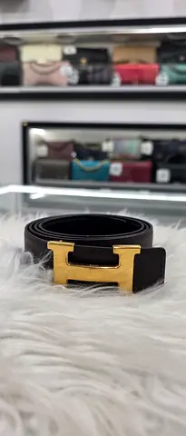 Black Leather Belt with Gold H Buckle - Preowned