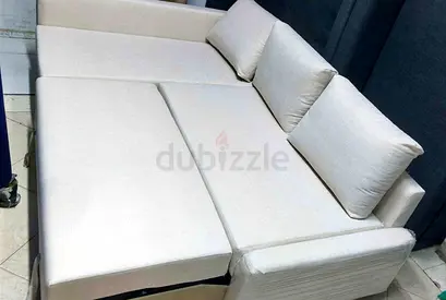 Light beige fabric sofa bed with storage, 3-seater convertible