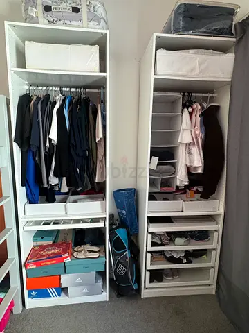 IKEA PAX-style White Wardrobe Shelving Units with Hanging Rails and Drawers