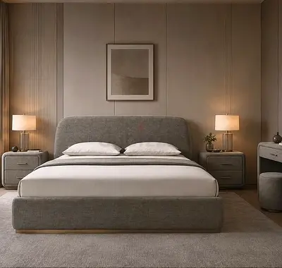 Upholstered King Bed Frame with Matching Nightstands (Modern Neutral)