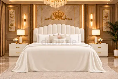 Brand new king size bed upholstered bed with scalloped headboard with storage bed in cream king bed