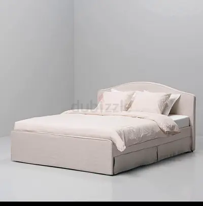 Beige Upholstered Double Bed Frame with Headboard (Good Condition)