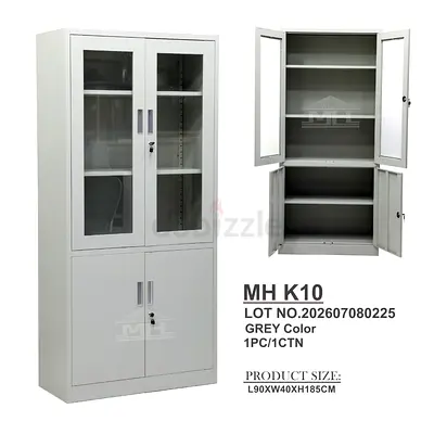 Grey Metal Storage Cabinet with Glass Doors, 90x40x185cm
