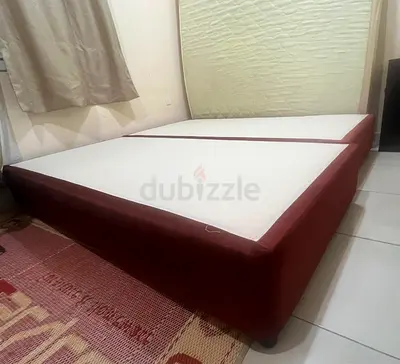 Double Bed Base with Headboard and Mattress (Red Fabric) - Good Condition