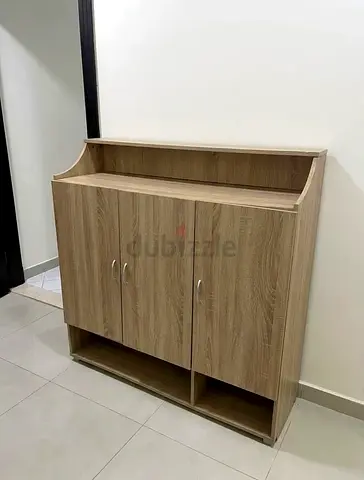 Used 3-Door Wooden Shoe Cabinet with Top Shelf - Oak Finish Excellent condition