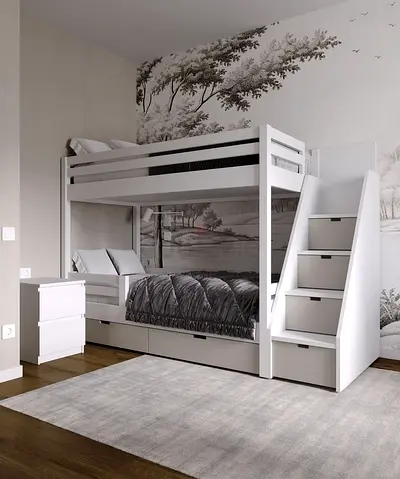 White wooden bunk bed with storage stairs and drawers