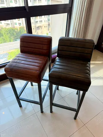 Pair of Industrial Vintage Leather Bar Stools with Backrest — Brown & Olive Green