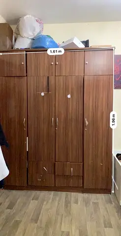 Wooden 3-Door Wardrobe with Overhead Storage - Good Condition