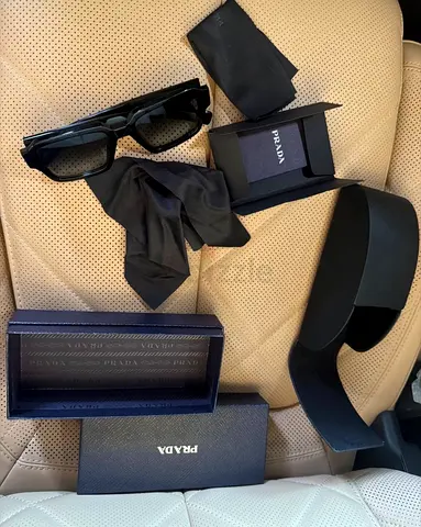Prada black rectangular sunglasses with case and accessories