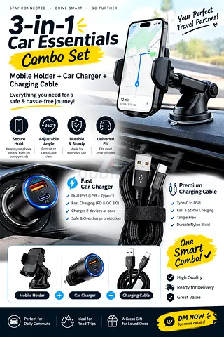 3-in-1 Car Essentials Combo Set Mobile Holder Car Charger and Cable