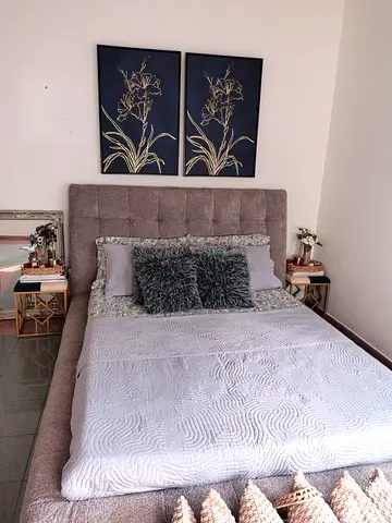 Queen size upholstered bed frame with tufted headboard - grey
