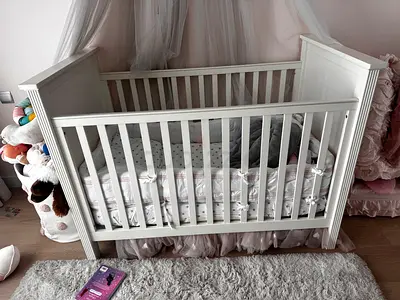 White Wooden Baby Crib with Mattress and Canopy - Good Condition