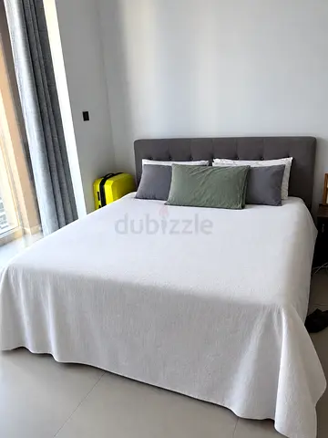 King size bed with upholstered headboard and mattress (good condition)