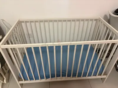 White Wooden Baby Crib with Mattress - Good Condition