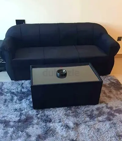 Black 3-seater Sofa with Coffee Table and Grey Shaggy Rug - Good Condition