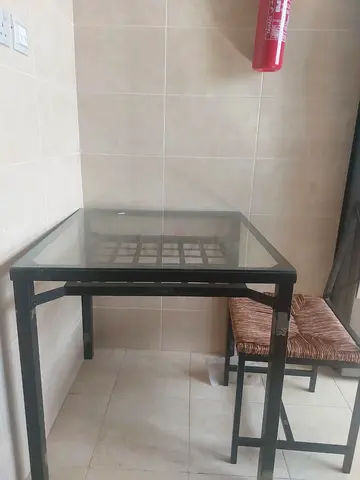 Black Metal Glass-Top Compact Dining/Kitchen Table with Chair
