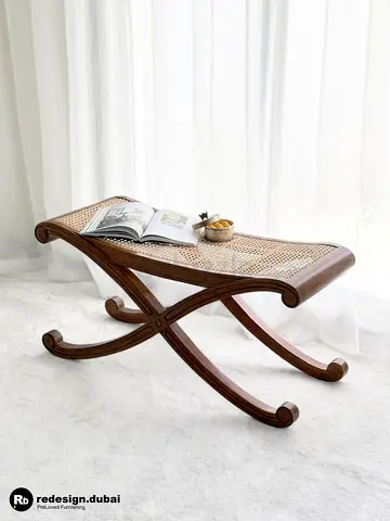 AND SO TO BED CURULE REGENCY X FRAME CANE BENCH or rattan vintage dining ottoman stool chair seat