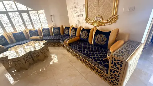 Large Moroccan-style upholstered sofa set in navy and gold
