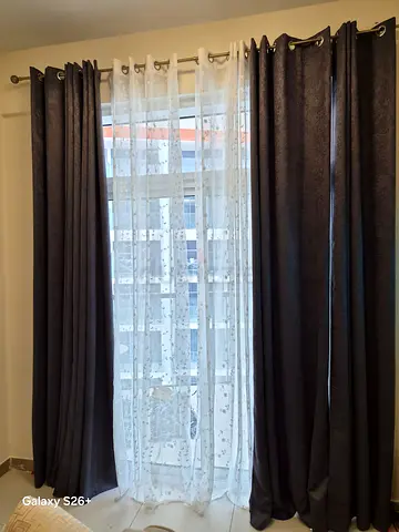 Dark green blackout curtains with white sheer panel set - good condition
