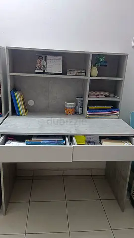 Compact Study Desk with Hutch and Drawers - Light Grey