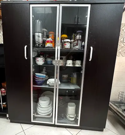 Dark Wood Kitchen Cabinet with Glass Doors – 3-Section Storage Cupboard