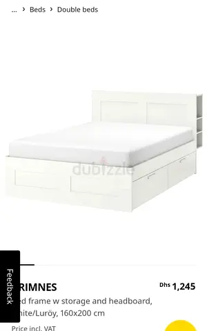 White storage double bed frame with headboard and shelves (160x200 cm)
