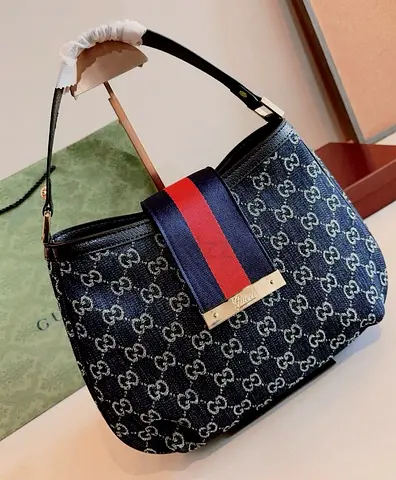 Gucci Blue GG Denim 1st copy  Shoulder Bag with Web Stripe
