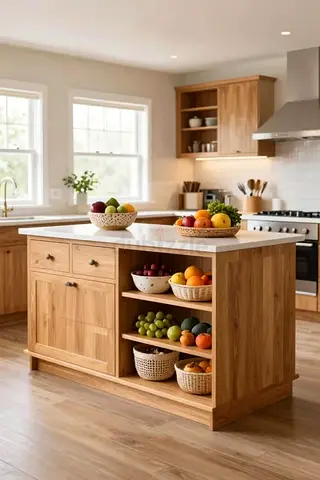 Wooden Kitchen Island with Shelves and Drawers