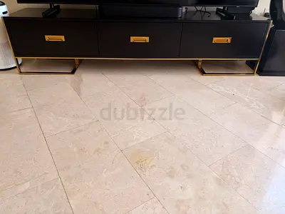 Black TV Unit / Entertainment Cabinet with Gold Accents - Good Condition
