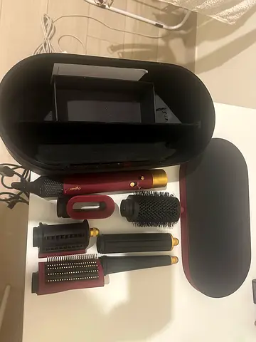 Dyson-style multi-styler hair tool with multiple attachments