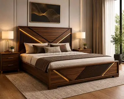 Modern Wooden King Bed with LED Accent and Matching Nightstands