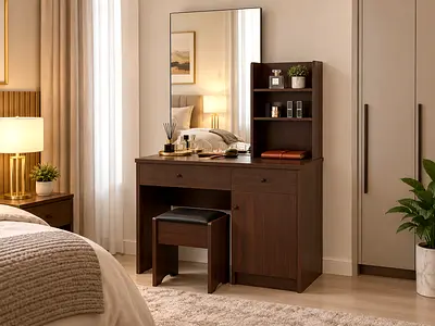 Modern Walnut Dressing Table with Mirror – Bedroom Vanity Table For Home